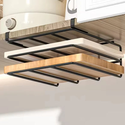 Under Cabinet Kitchen Organizer Rack Hooks Multi-Purpose Storage Shelf Portable Storage For Paper Towel Cutting Board Pot Lids