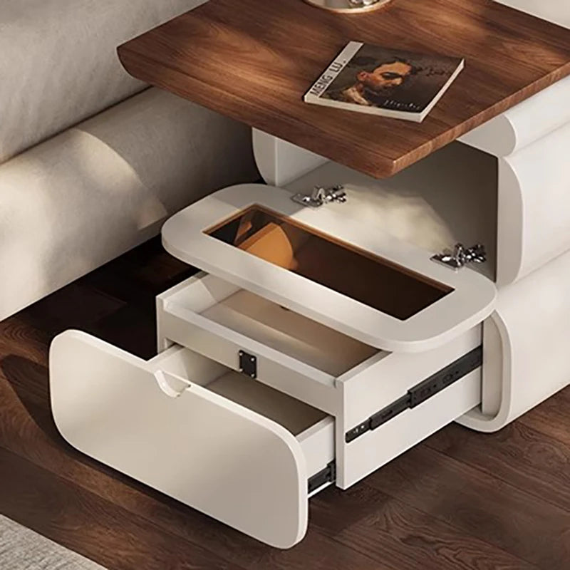 Rustic Nordic Bedside Table With Secret Compartment Safe Curved Cream Nightstand Unique Chic Mesitas De Noche Furniture For Home