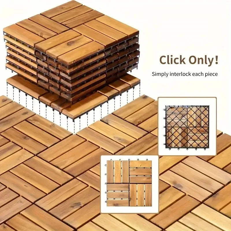 20-Piece Solid Acacia Interlocking Deck Tiles Outdoor Patio Flooring 12x12x0.9-Inch Waterproof for Balconies Backyards Porches Poolside All-Weather Use Brown Cross-Grain Square Joints