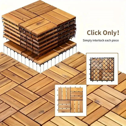 20-Piece Solid Acacia Interlocking Deck Tiles Outdoor Patio Flooring 12x12x0.9-Inch Waterproof for Balconies Backyards Porches Poolside All-Weather Use Brown Cross-Grain Square Joints