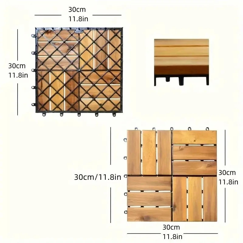 20-Piece Solid Acacia Interlocking Deck Tiles Outdoor Patio Flooring 12x12x0.9-Inch Waterproof for Balconies Backyards Porches Poolside All-Weather Use Brown Cross-Grain Square Joints