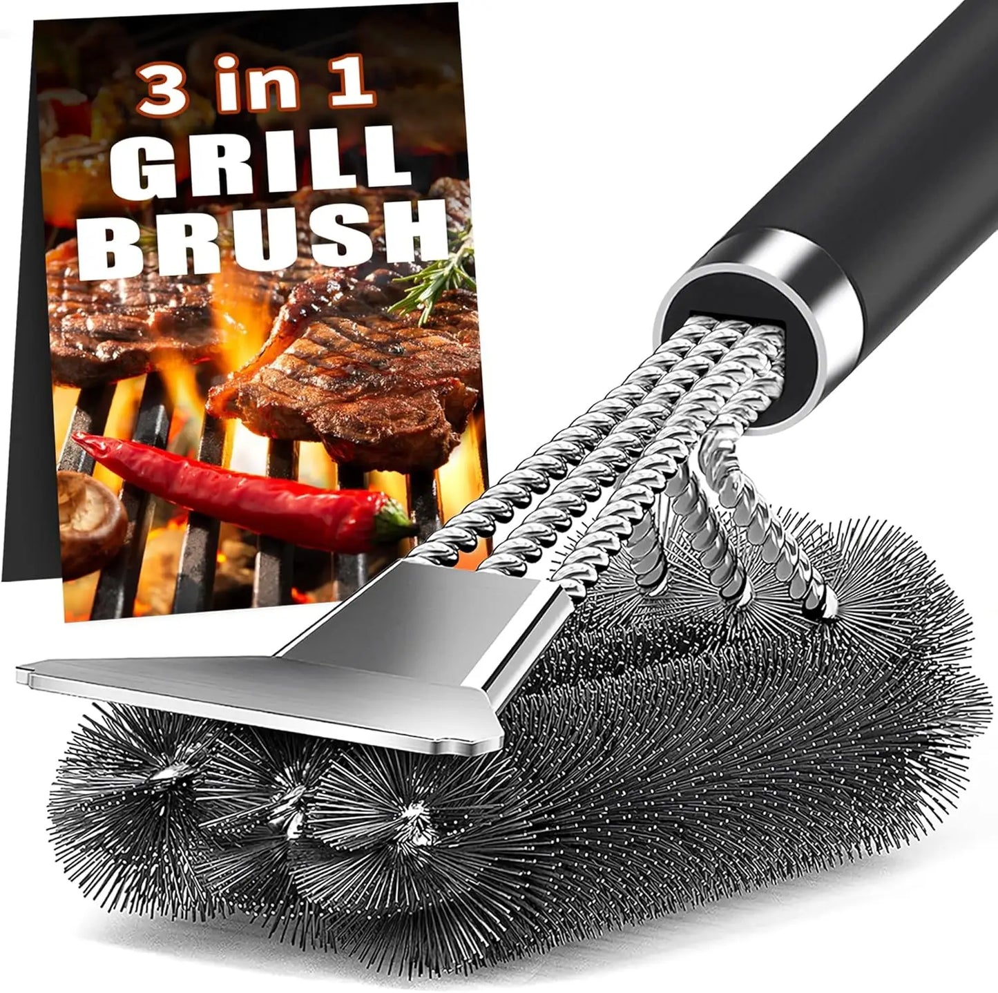 Stainless steel grill cleaning brush, outdoor BBQ grill wire brush with scraper, grill accessories, picnic tools