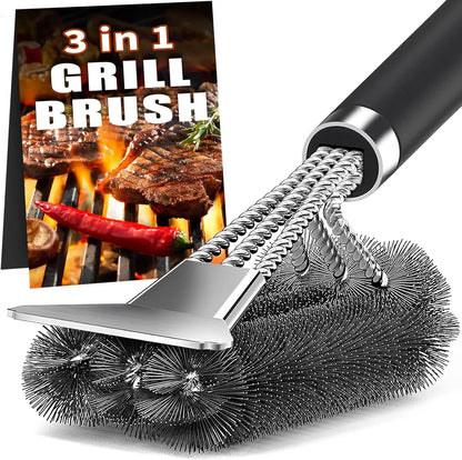 Stainless steel grill cleaning brush, outdoor BBQ grill wire brush with scraper, grill accessories, picnic tools