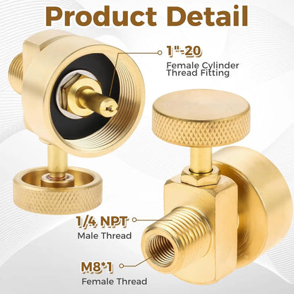 Solid Brass 1LB Propane Gas Disposal Cylinder Bottle Adapter Valve +1/4"NPT Male & M8*1 Female Thread Grill Fire Pit Stove BBQ