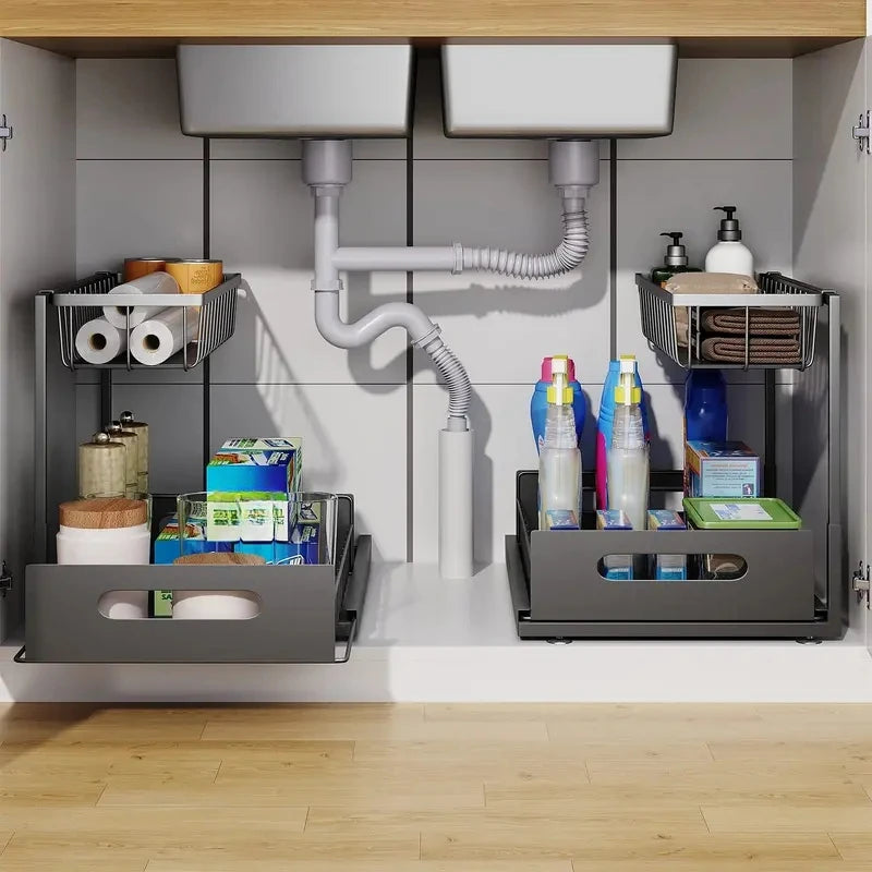 Double-layer Sliding Rail Basket Under-Sink Storage Rack Bathroom Kitchen Storage