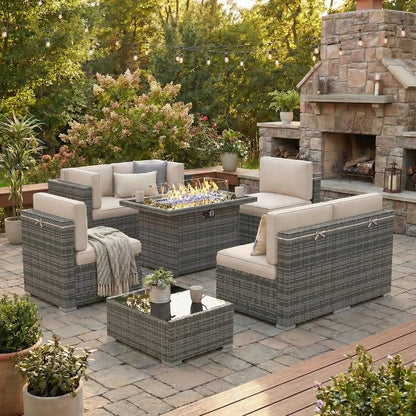 8 Pieces Patio Furniture Set with 44" Propane Gas Fire Pit Table, Outdoor Sectional Wicker Conversation Sofa Sets, Customized