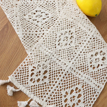 Table Runner Beige Christmas Crochet Lace Cotton Blended Fabric with Tassel For Coffee Table Decor Wedding Decoration