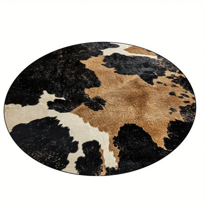 1PC Cow Print Round Rug, Soft Polyester, Black & White Design, Lightweight & Washable, for Living Room/Bedroom