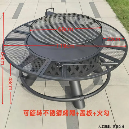 Outdoor BBQ Grill Firewood Heating Stove Patio Fire Pit Table Integrated Charcoal Braai Rack Backyard Campfire Tea Brewing Set