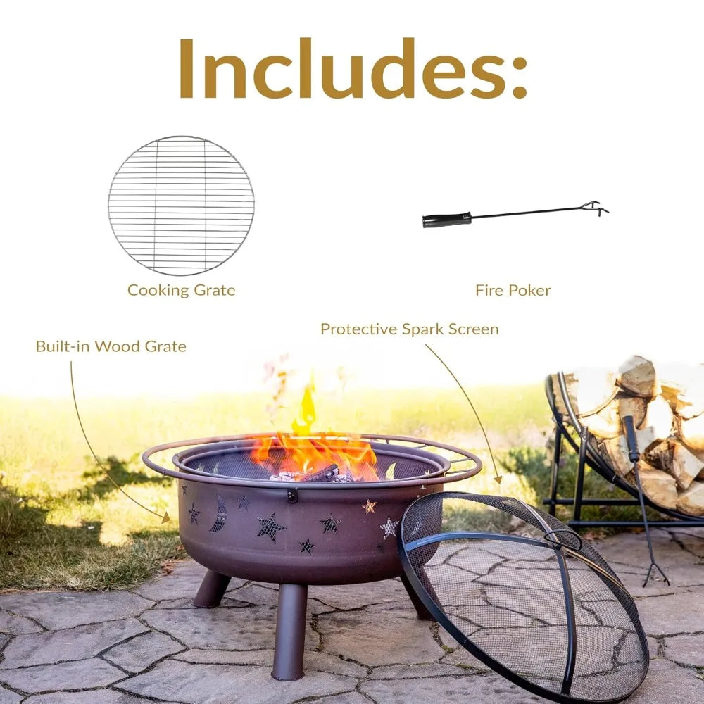 30-Inch Patio Fire Pit for Outside - Outdoor Wood-Burning Fire Pit with Grill Grate, Spark Screen, and Fireplace Poker
