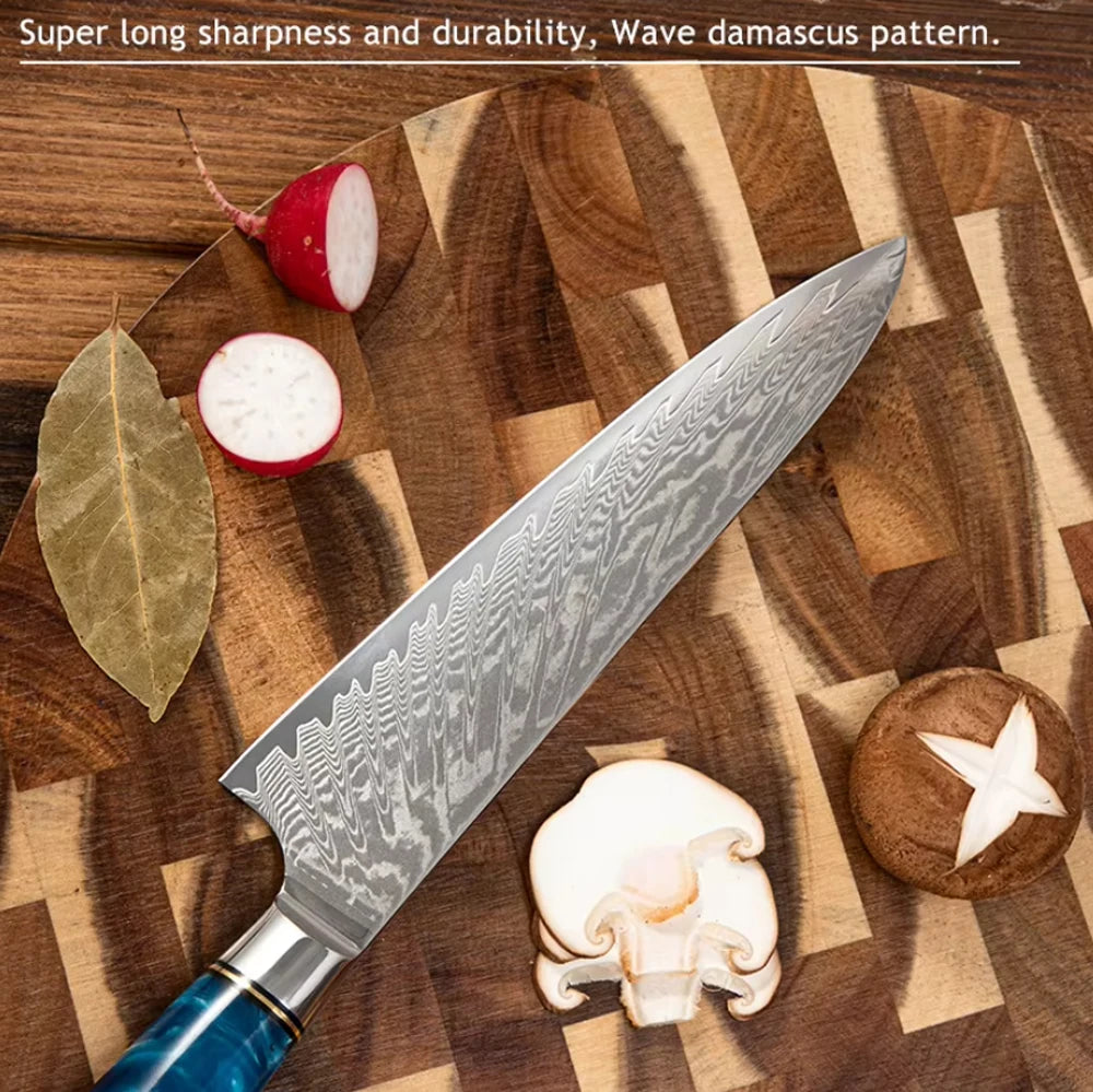 Damascus Steel High Carbon 67 Layer VG10 Chef's Knife Blue Resin Wood Handle Kitchen Chef's Knife Three-Piece Set