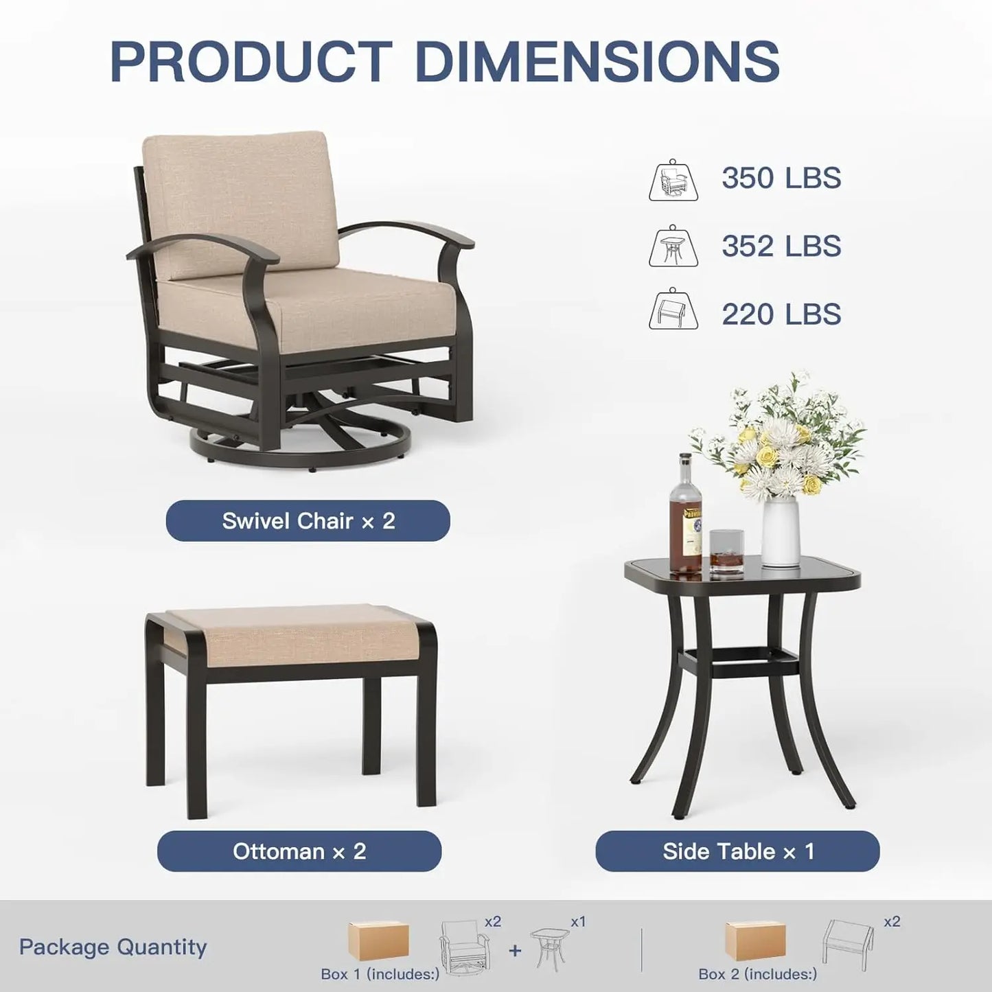 5 Piece Patio Set, Aluminum Outdoor Swivel Chairs Set of 2 with 2 Ottoman 5.1’’ High-Resilience Seat Cushions, Customized