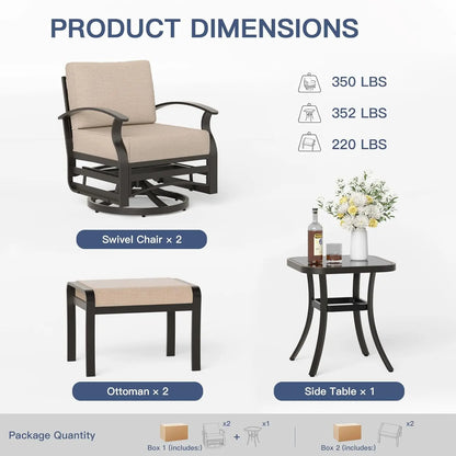 5 Piece Patio Set, Aluminum Outdoor Swivel Chairs Set of 2 with 2 Ottoman 5.1’’ High-Resilience Seat Cushions, Customized