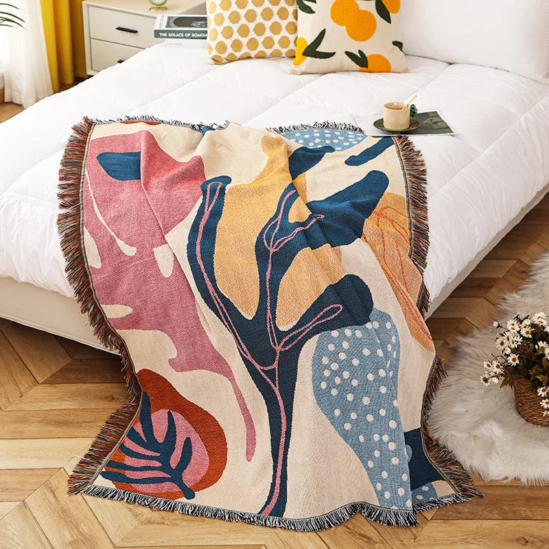Boho Abstract Botanical Jacquard Throw Blanket Matisse Inspired Colorful Art Print Tapestry with Fringe Modern Decor Sofa Throw