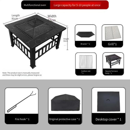 Modern Black Powder Coated Metal Fire Pit Table - Square Wood Burning Stove Heavy Duty Rustproof  Outdoor Patio Garden BBQ Party