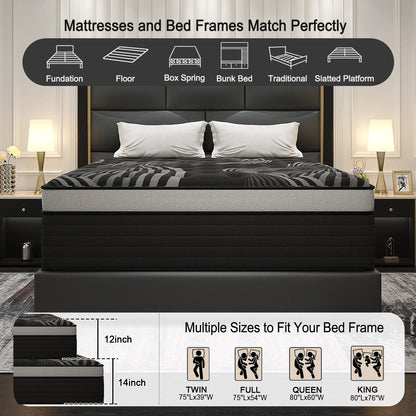 12"14" Gel Memory Foam Hybrid Pocket Spring Mattress Twin Full Queen King Bed Mattress In A Box, Medium Firm Motion Isolation