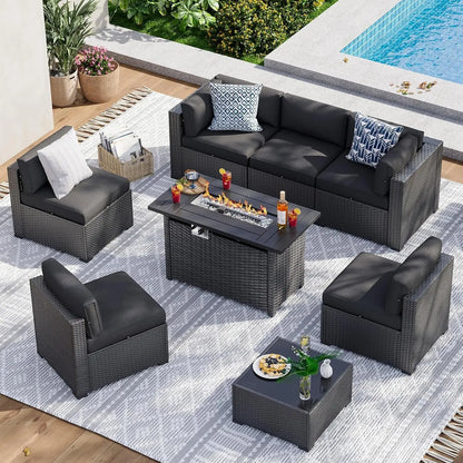 8-Piece Wicker Patio Sectional Sofa Set with 44" Fire Pit Table & Thickened Cushion for Outdoor, Custom