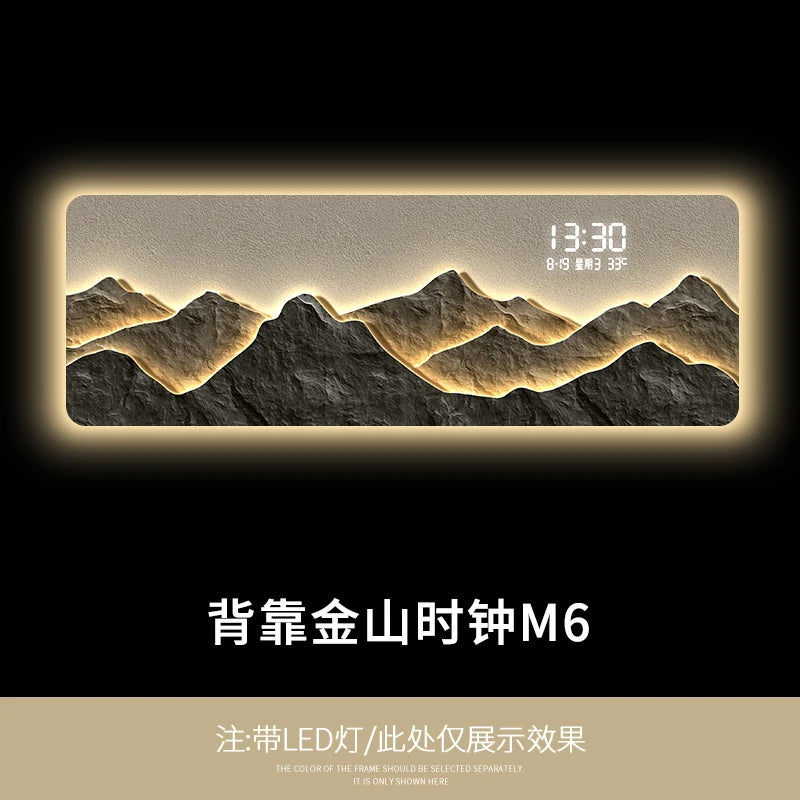 High end living room decoration painting, LED digital electronic clock, mountain back atmosphere light hanging painting