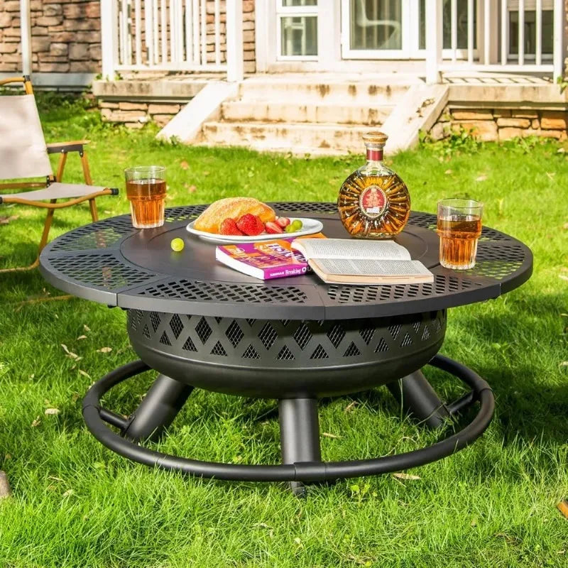 36 Inch Wood Burning Fire Pit with Grill: Outdoor Fire Pits with Lid & Fire Poker, 3 in 1 Round Metal Firepit Table with