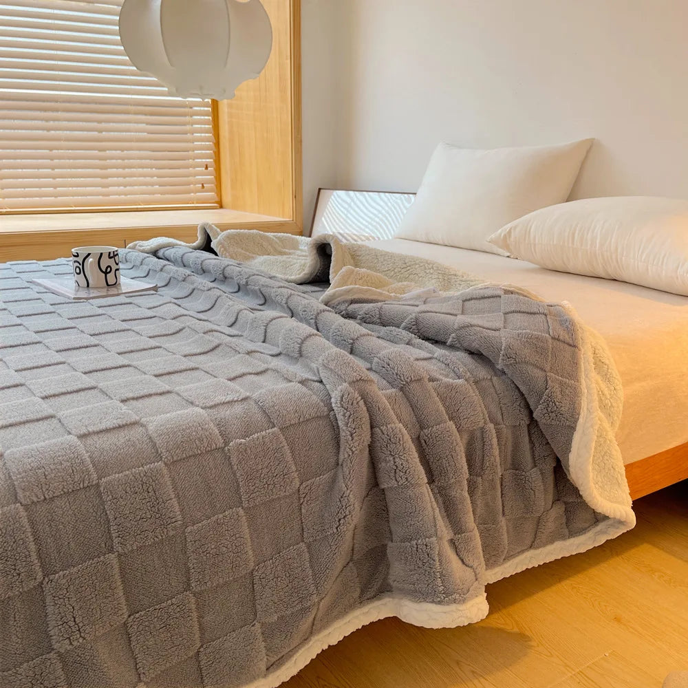 Home Thick Bed Blanket Double Sided Lamb Cashmere Fleece Plaid Blankets Winter Warm Throw Sofa Cover Newborn Wrap Kids Bedspread