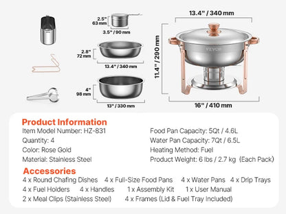 SucceBuy 4 Pack Chafing Dish Buffet Set Stainless Steel Chafer w/4 Full Size Pan Round Catering Warmer Server for Party Banquets