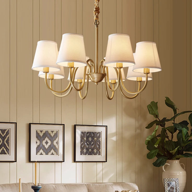 Medieval Living Room Copper Chandelier Retro Dining Room Modern Luxury Fabric Hanging Lamp Bedroom Simple Pendant Lighting