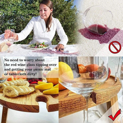 For Garden Party Folding Outdoor Wooden Table Round Collapsible Picnic Desk With Wine Glass Holder 2in1 Rack
