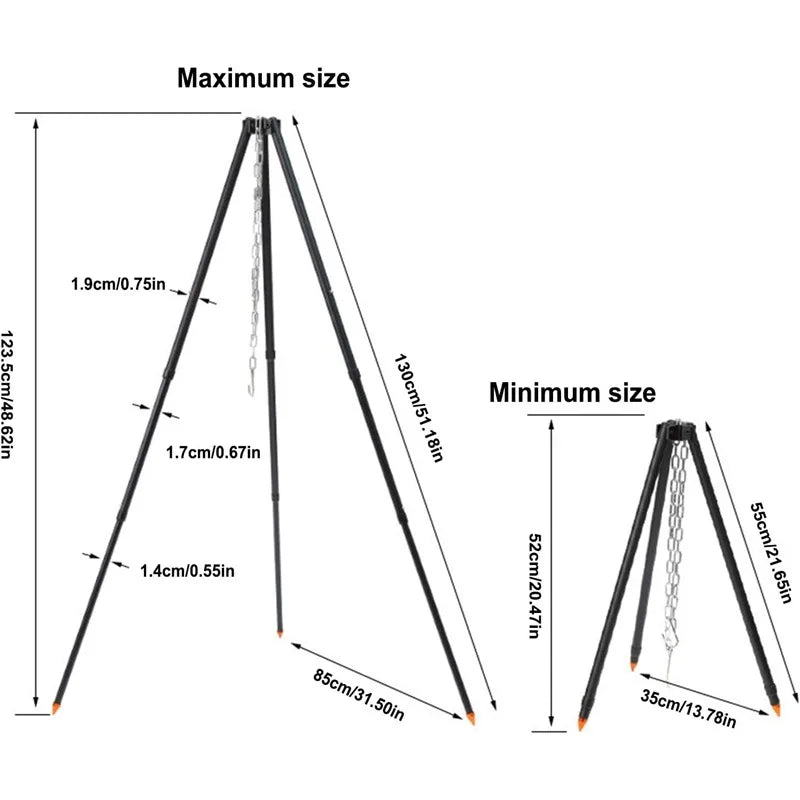 Camping Tripod for Cooking, Portable Adjustable Outdoor Cooking Campfire Tripod Grill with Hanging Chain, Suitable for Cook Camp
