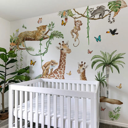 Large Forest Animals Wall Sticker Jungle Safari Giraffe Monkey Leopard Wallpaper for Kids Room Baby Bedroom Nursery Decoration