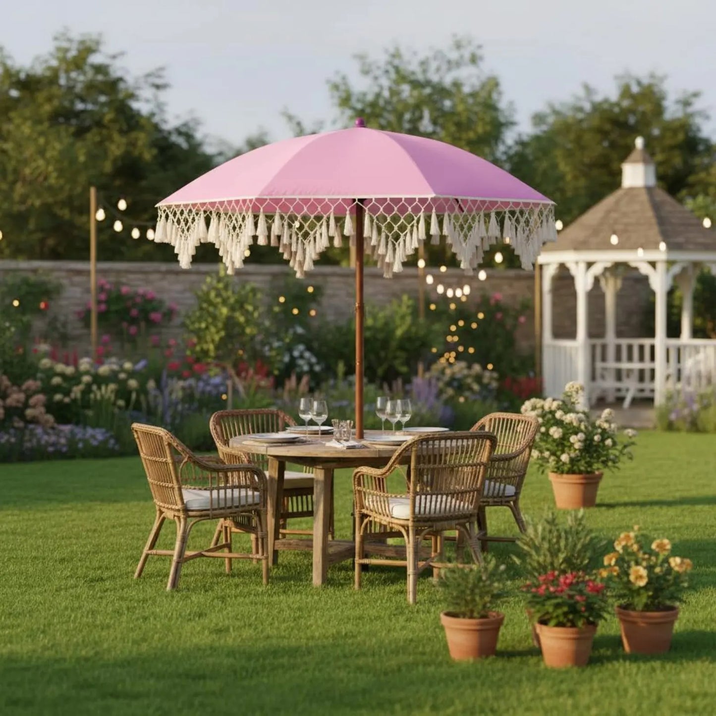 Tassel Patio Umbrella Portable Tassel Beach Umbrella Garden Sunshade with Tassels Sturdy 8-Rib Construction for Market Vendors