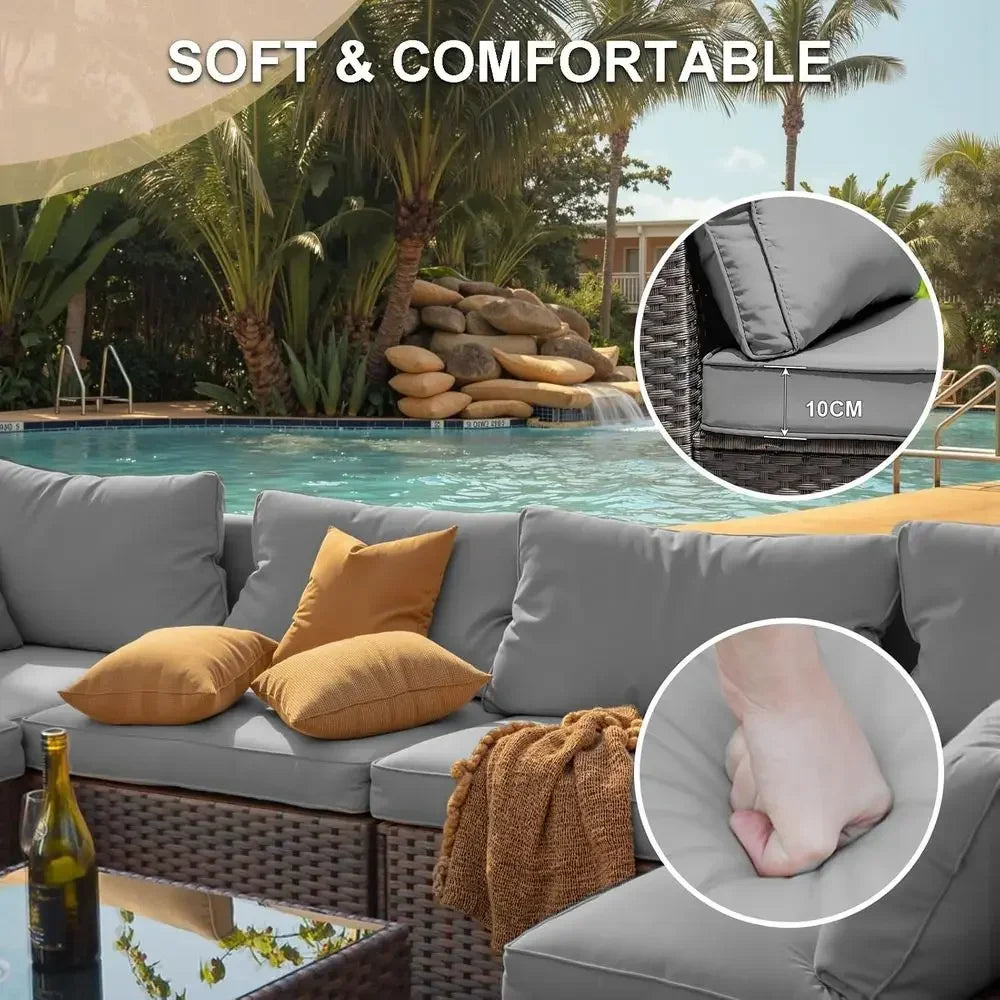 7-Piece Outdoor Sectional Sofa Set with 42 Fire Pit Table and Cushions, Grey