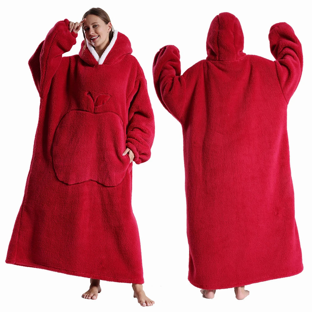 Winter Hooded Sweater Blanket Women Oversized Fleece Blanket With Sleeves Large Pocket Warm Thick TV Hoodie Robe Couple