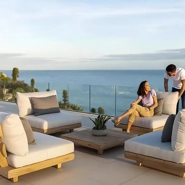 Patio Sofa Set, Made of Imported Teak Wood, Outdoor-grade Waterproof Fabric, Crack-resistant, Suitable for Outdoor Use.