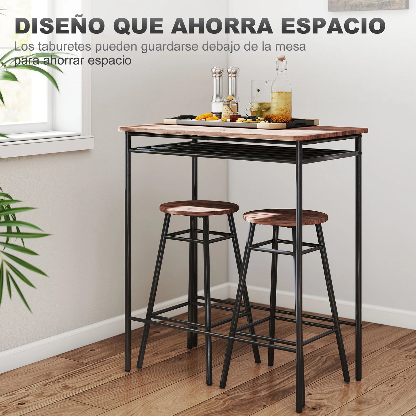 Homcom Set 1 Table + 2 Metal Bar Stools, Brown Mdf