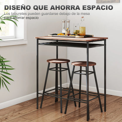 Homcom Set 1 Table + 2 Metal Bar Stools, Brown Mdf