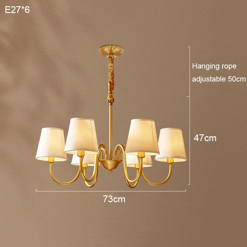 Medieval Living Room Copper Chandelier Retro Dining Room Modern Luxury Fabric Hanging Lamp Bedroom Simple Pendant Lighting