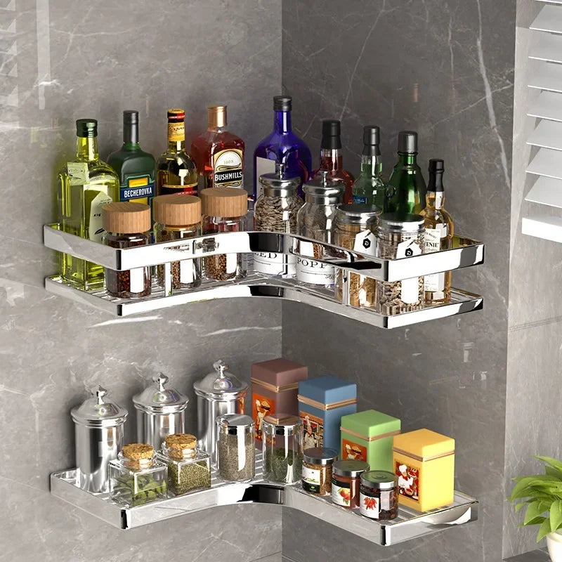 New Bathroom Organizer Storage Shelf Shower Corner Rack Stainless Steel Kitchen Organizer Corner Shelf No Drill Wall Rack