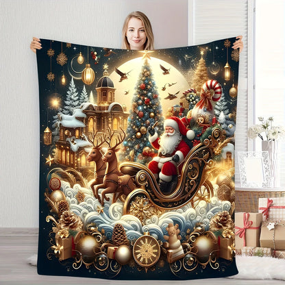 1pc Holiday Santa Claus Reindeer Sleigh Christmas Tree Elements Flannel Fleece Blanket，Multipurpose Seasonal Gift for Christmas