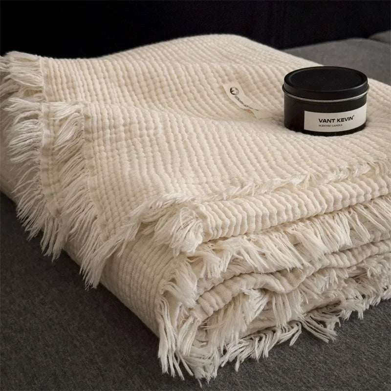 Y Home Tassel Decor Chunky Knit Throw Blanket for Sofa Luxury 100% Cotton Six-layer Gauze Blankets Solid Color Breathable Nap Bl
