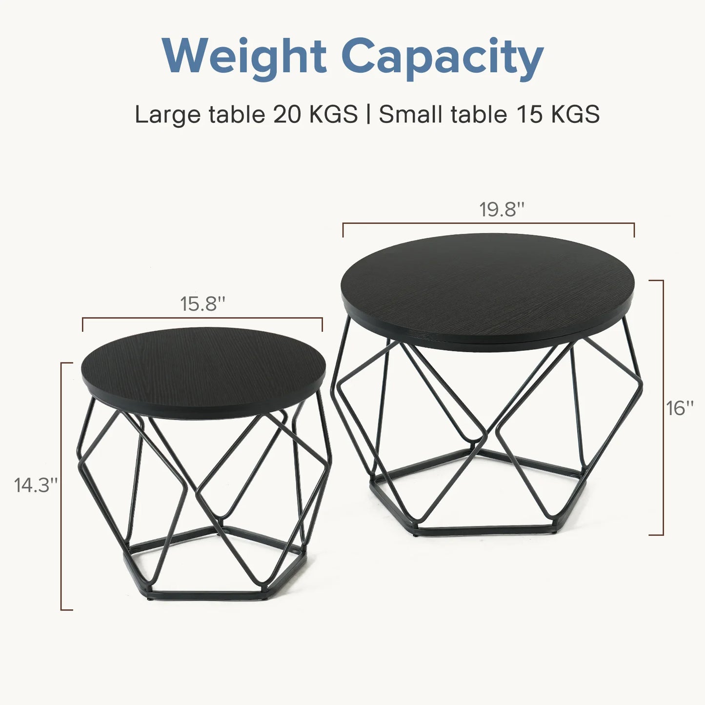 JHK 20IN Round Geometric Coffee Table Set of 2 Movable End Tables for Living Room Nesting Side Tables with Hidden Storage