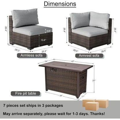 7-Piece Outdoor Sectional Sofa Set with 42 Fire Pit Table and Cushions, Grey