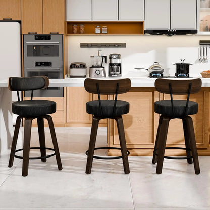 Bar Stools Set of 3, Brown Leather 26'' Swivel Counter Height Bar Stools, Modern Bar Stools with Back & Wood Legs,, Customized