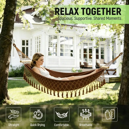 Outdoor Fringed Canvas Hammock - Portable Anti-slip Fringed Hammock for Camping - Bohemian Style Outdoor Camping Hammock