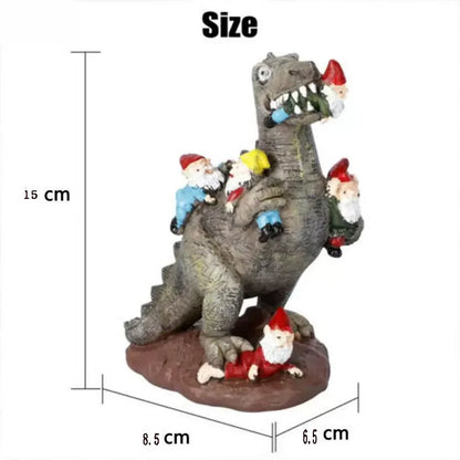 17CM Dinosaur vs Gnome Resin Statue Handmade Fantasy Sculpture Outdoor Garden Art Office Desk Decor Humorous Craft Figurine