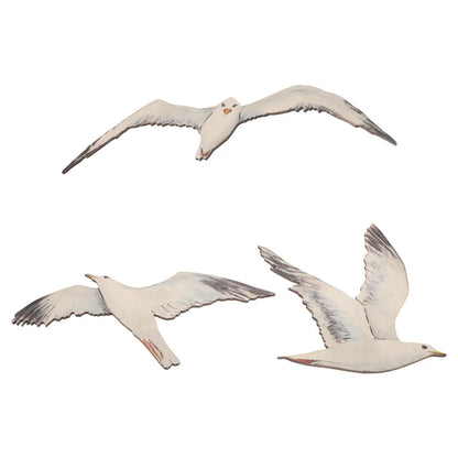 3Pcs Wall Birds Decor - Handmade Wood Seagull Art - Seaside Nautical Ornament for Mediterranean Style Living Area