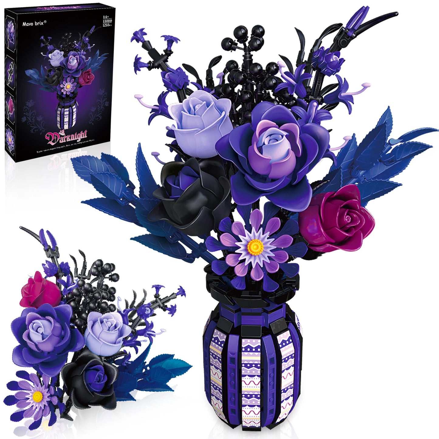 1218PCS Dark Romance Flower Building Blocks Gothic Bouquet With Vase Model Educational DIY Toy Desktop Decoration Gift For Adult