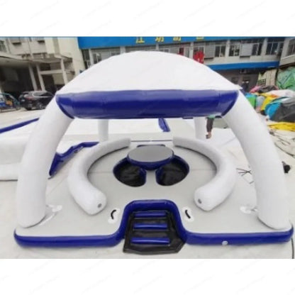 Inflatable Water Floating Island With Canopy Lounge Sofa Platform With Table Ladder For Lake Sea Party