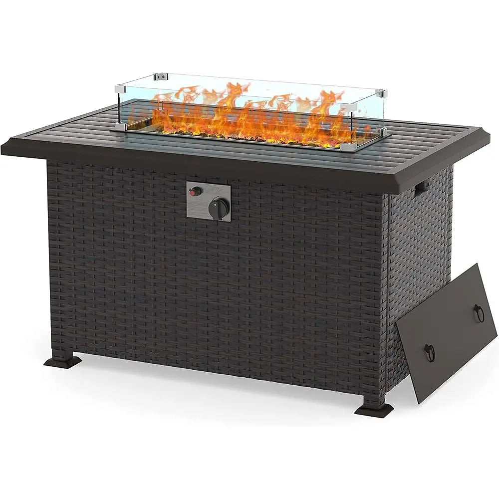 43 Propane Gas Fire Pit Table, 55,000 BTU Outdoor | 2 in 1 Fire Table with Lid, Fire Glass, Glass Wind Guard & Waterproof Cover