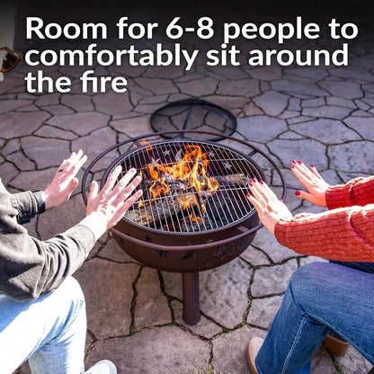 30-Inch Patio Fire Pit for Outside - Outdoor Wood-Burning Fire Pit with Grill Grate, Spark Screen, and Fireplace Poker