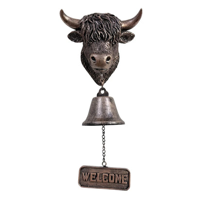 Rustic Highland Cow Hanging Bell, Scottish-Themed Resin Welcome Doorbell with Clear Chime, Outdoor Decor for Porch, Garden, Farm
